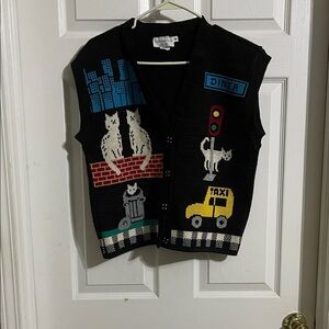 Vintage Sweater Loft Vest NYC Taxi Cats small cityscape New York City size S